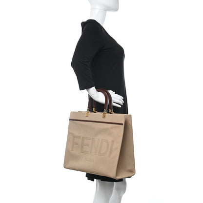 Fendi Canvas Vitello King Logo Embroidered Medium Fendi Sunshine Shopper Tote Sand Ghianda 2 of 11