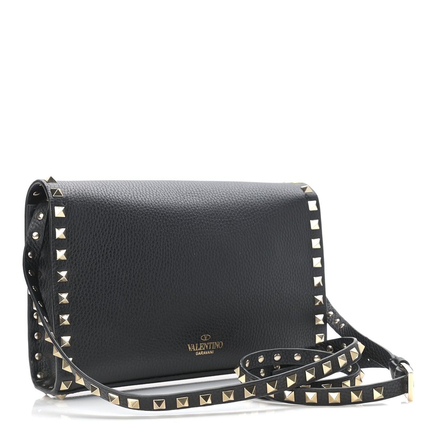 Pebbled Calfskin Medium Rockstud Flip Lock Crossbody Bag Black