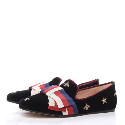 Gucci Velvet Bee Star Embroidered Sylvie Bow Loafers 37.5 Black 3 of 10