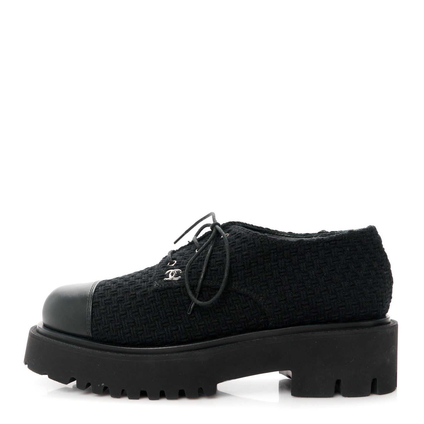 Wool Tweed Calfskin Lace-Up Loafers 38.5 Black
