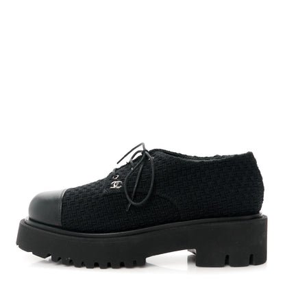 Chanel Wool Tweed Calfskin Lace-Up Loafers 38.5 Black 1 of 10