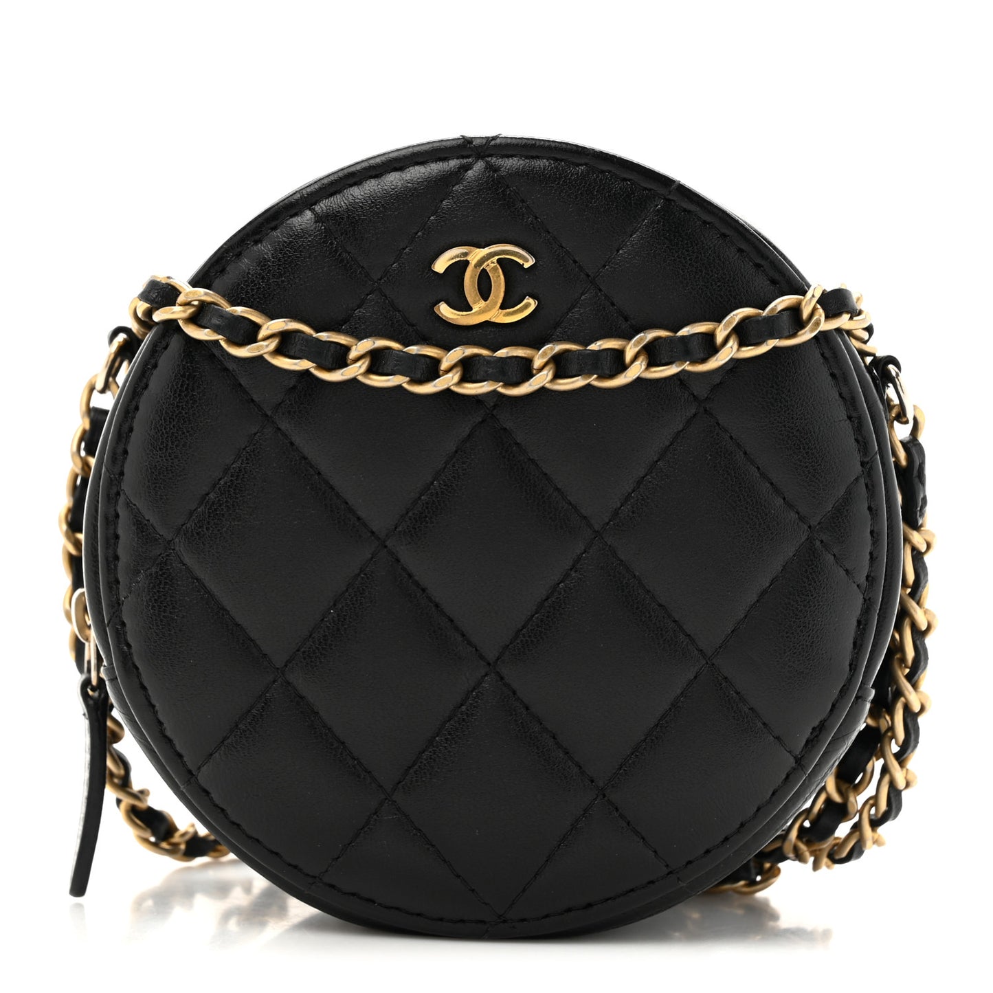 Lambskin Quilted Round Clutch With Chain Black