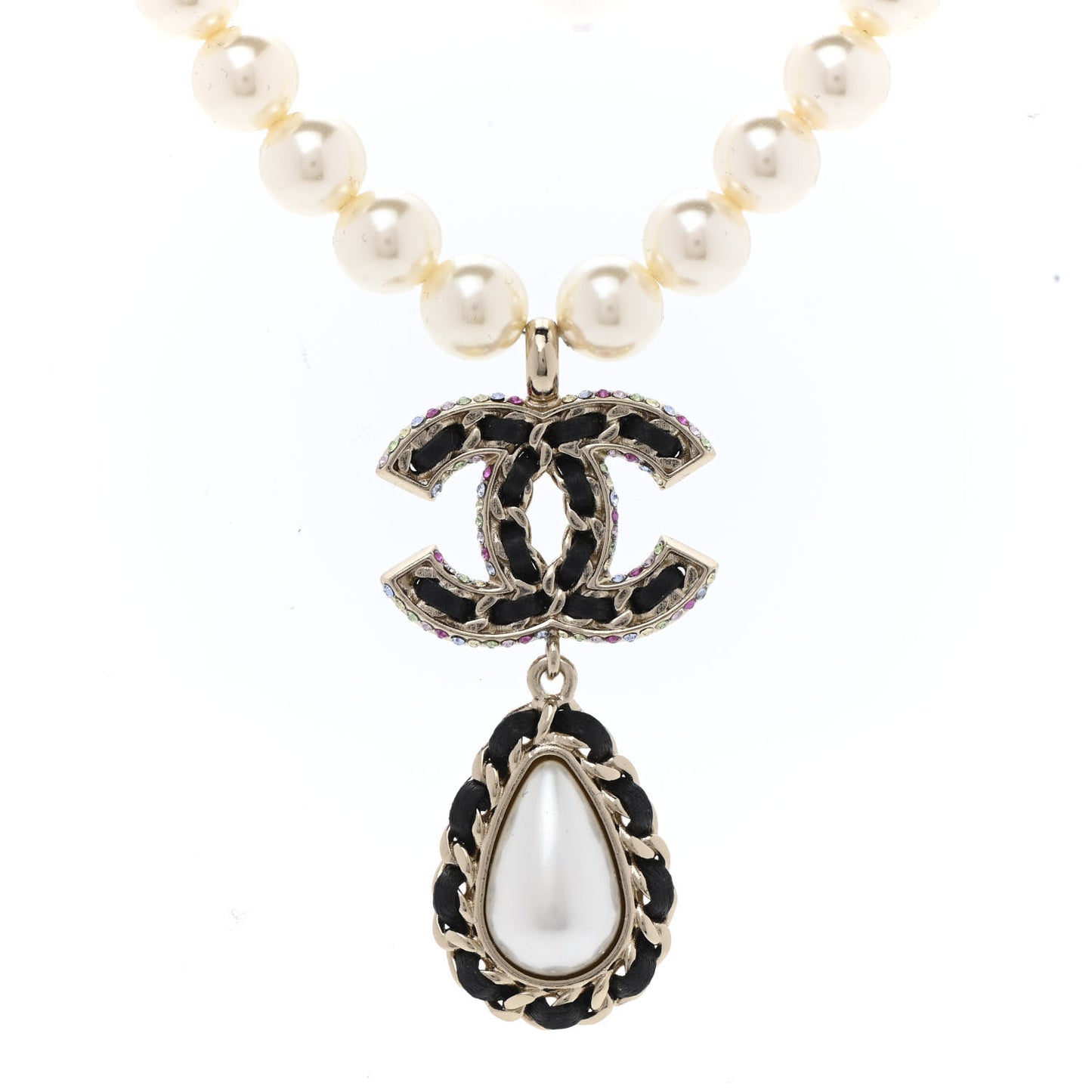 Lambskin Crystal Pearl CC Short Pendant Necklace Gold Pearly White Black Multicolor