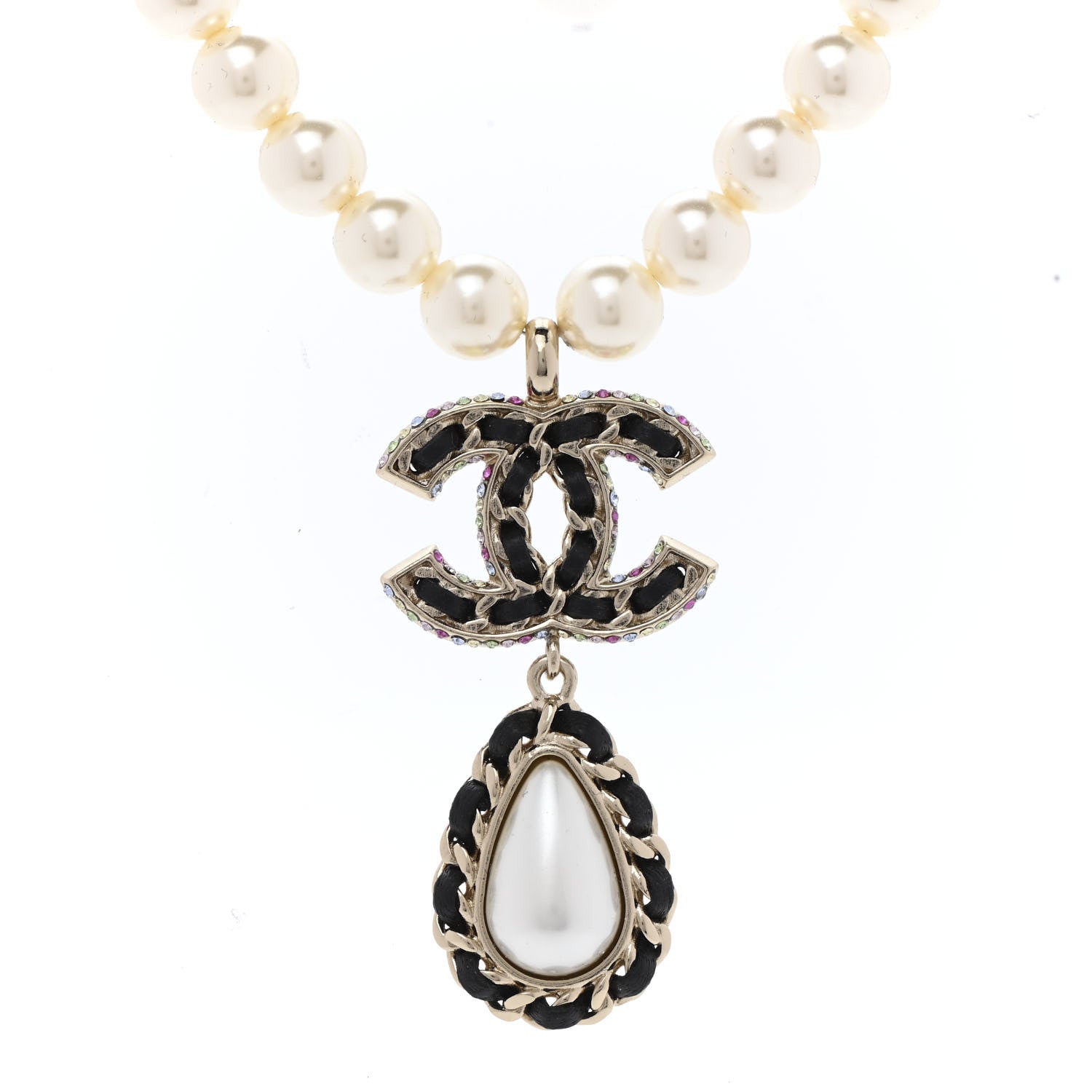 Chanel Lambskin Crystal Pearl CC Short Pendant Necklace Gold Pearly White Black Multicolor 4 of 7