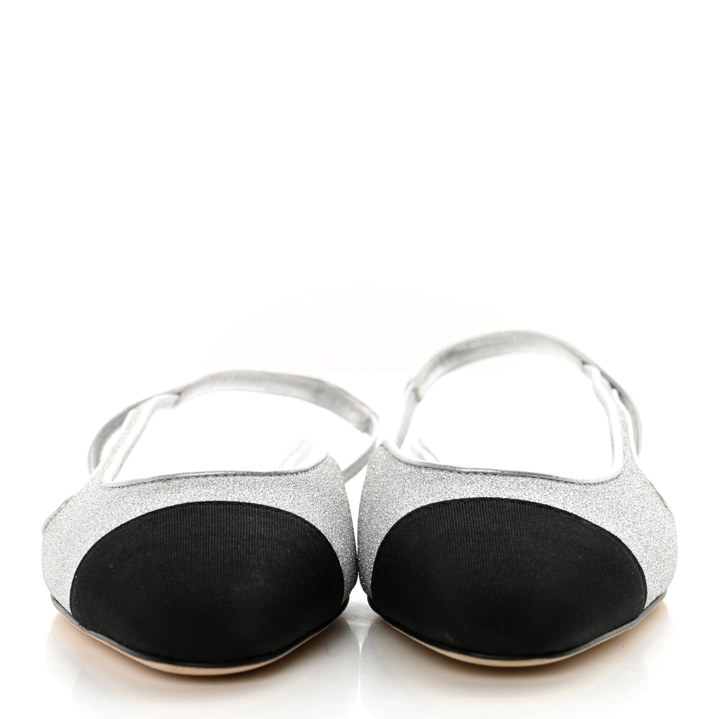Glitter Calfskin Grosgrain CC Slingback Flats 37 Black Silver