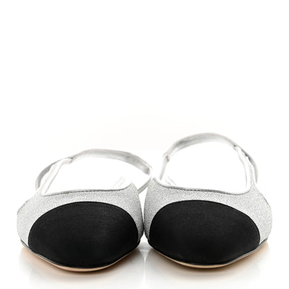 Chanel Glitter Calfskin Grosgrain CC Slingback Flats 37 Black Silver 2 of 9
