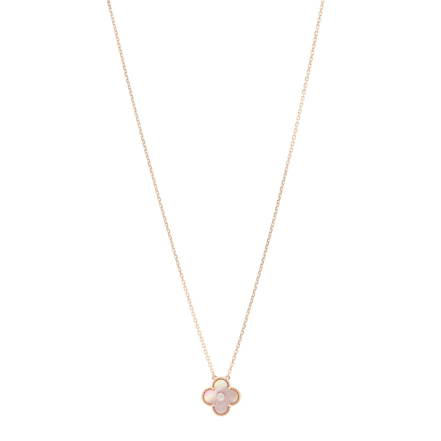 18K Rose Gold Diamond Pink Mother of Pearl Vintage Alhambra Pendant Necklace