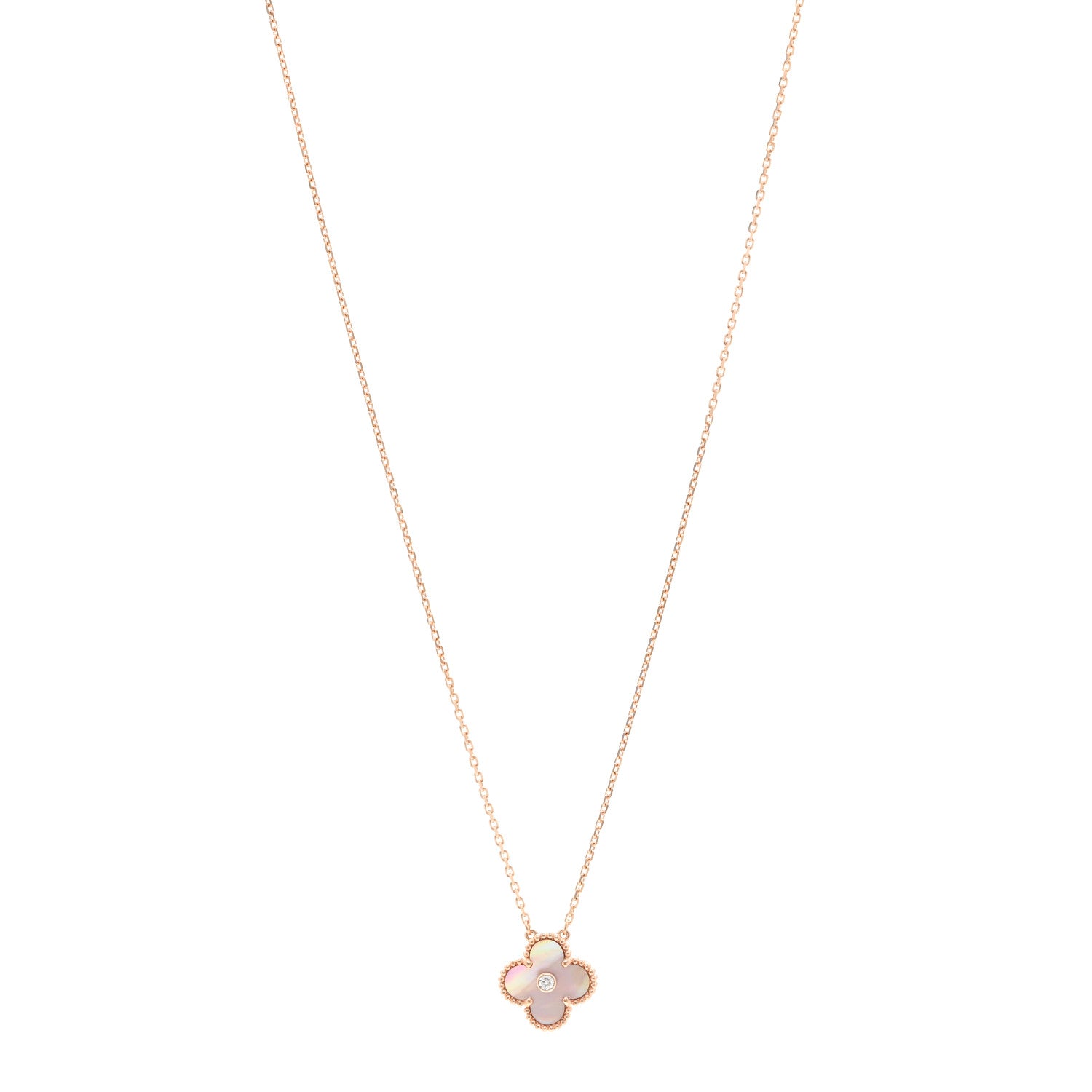 Van Cleef & Arpels 18K Rose Gold Diamond Pink Mother of Pearl Vintage Alhambra Pendant Necklace 1 of 6
