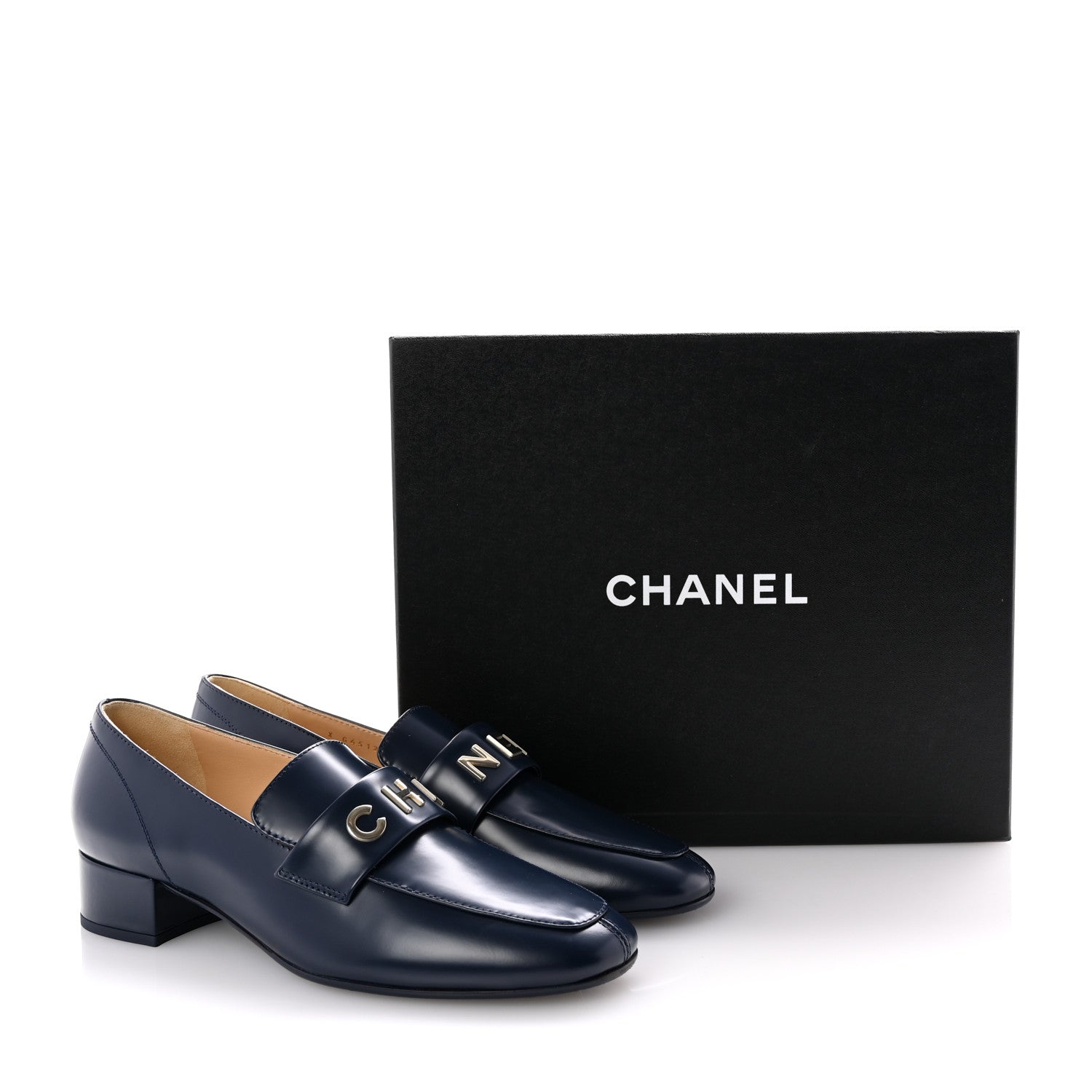 Chanel Shiny Calfskin Logo Loafers 39 Navy 11 of 11