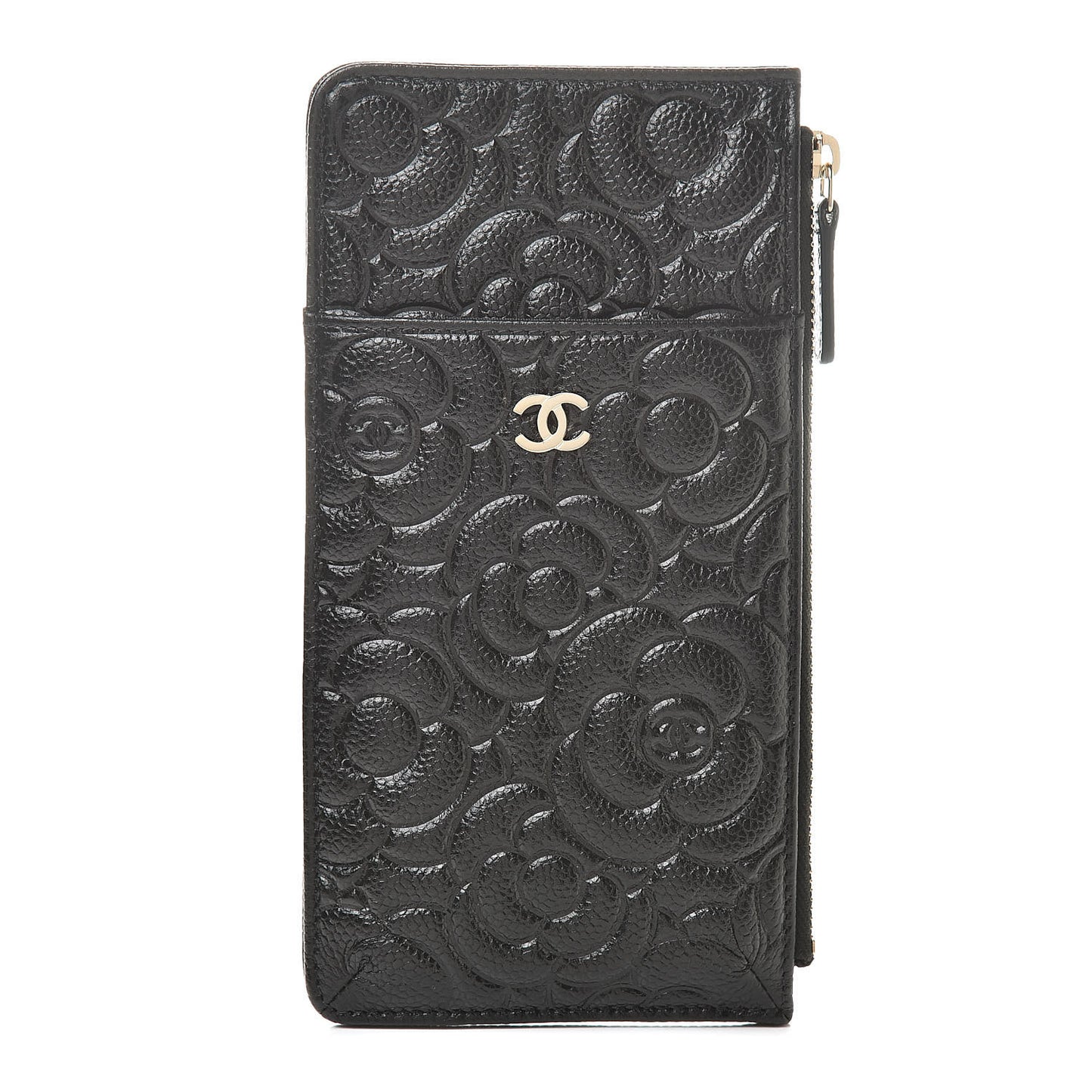 Caviar Camellia Embossed Classic Flat Wallet Pouch Black