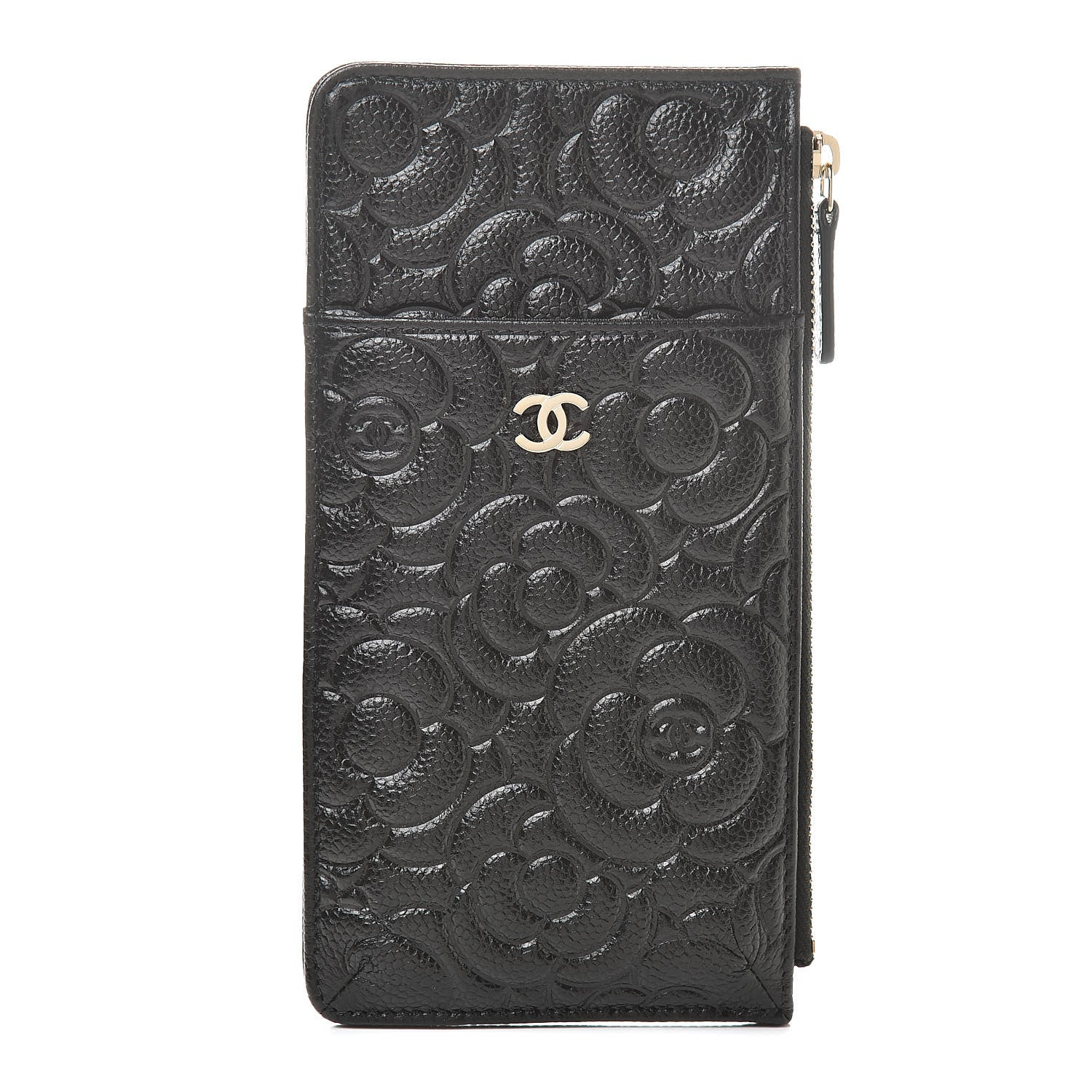 Chanel Caviar Camellia Embossed Classic Flat Wallet Pouch Black 1 of 8