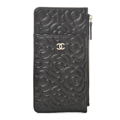Chanel Caviar Camellia Embossed Classic Flat Wallet Pouch Black 1 of 8