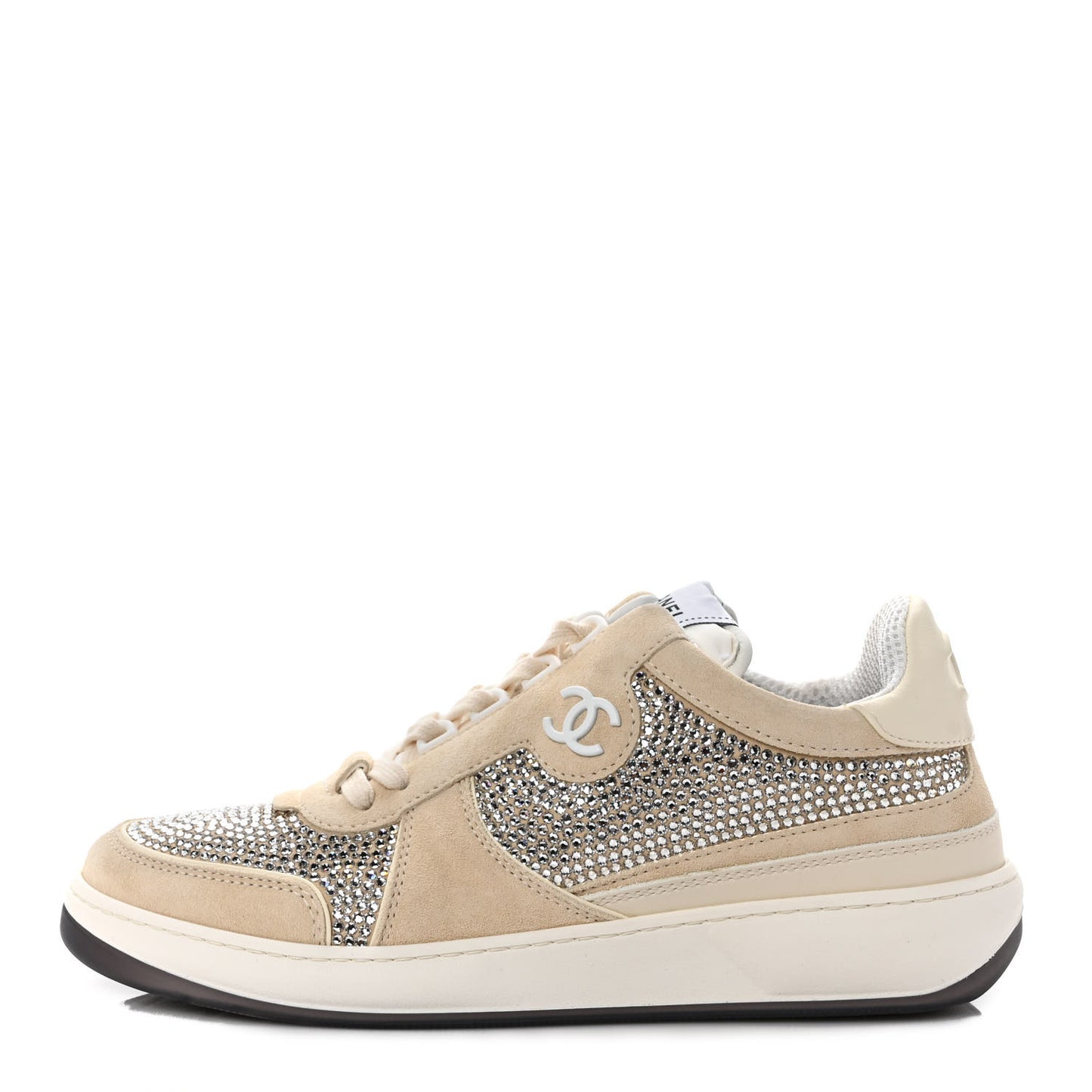 Calfskin Suede Crystal Womens CC Sneakers 38.5 White