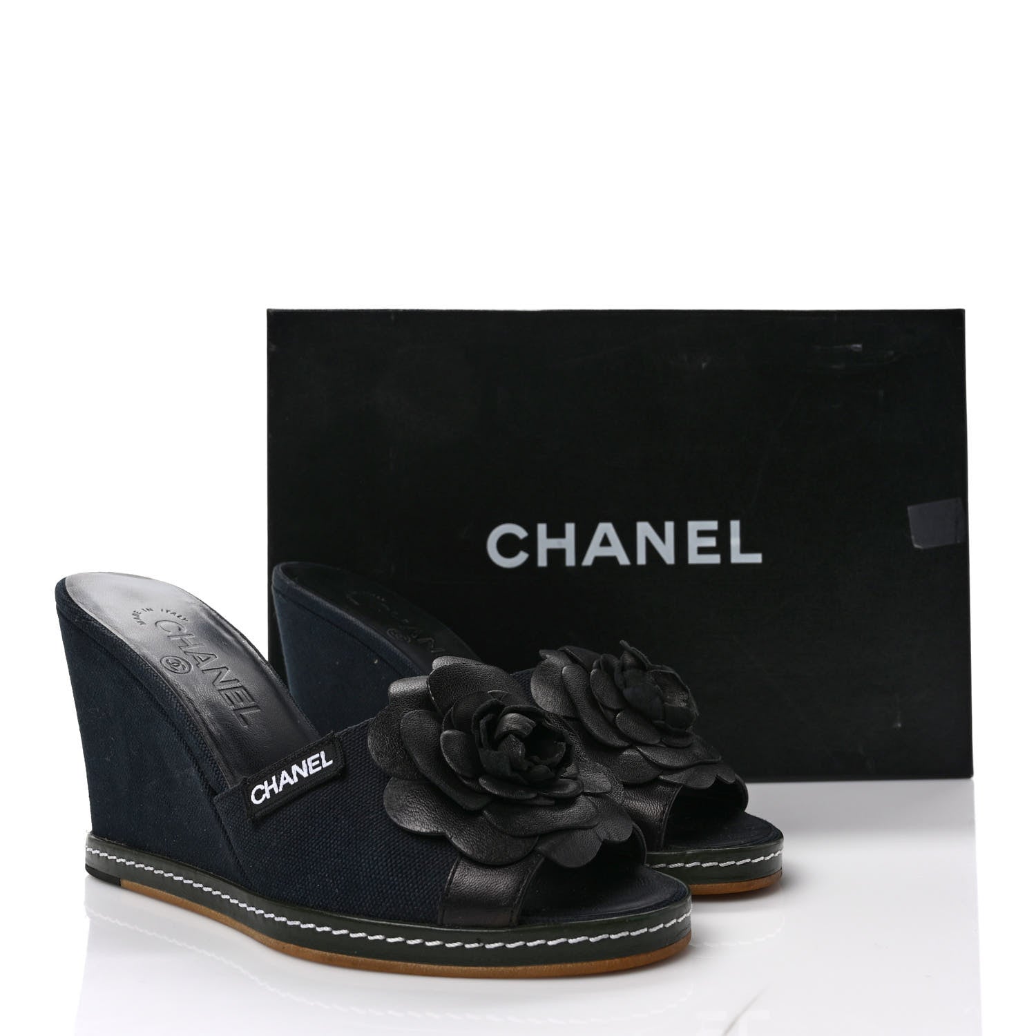 Chanel Canvas Camellia Wedge Sandals 38.5 Black 38 Black 9 of 9