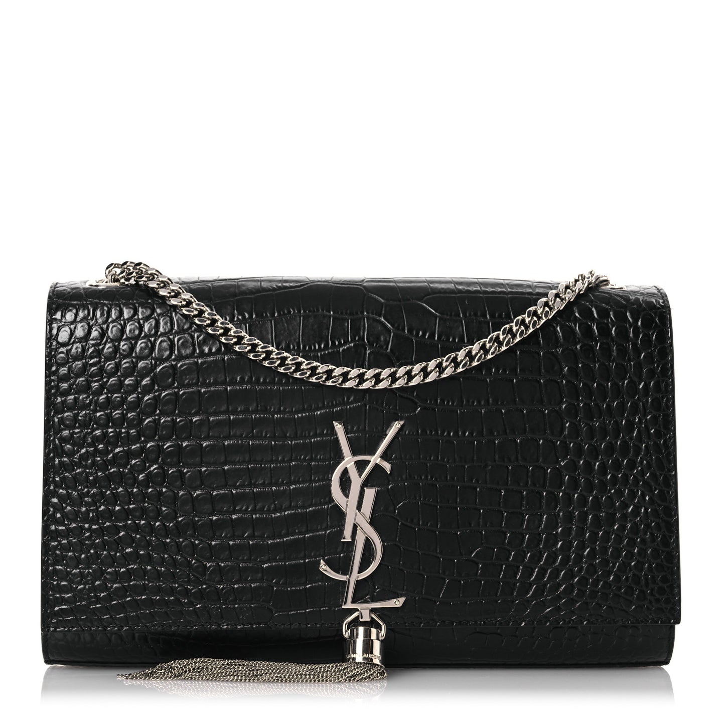 Calfskin Crocodile Embossed Medium Classic Monogram Kate Tassel Satchel Black