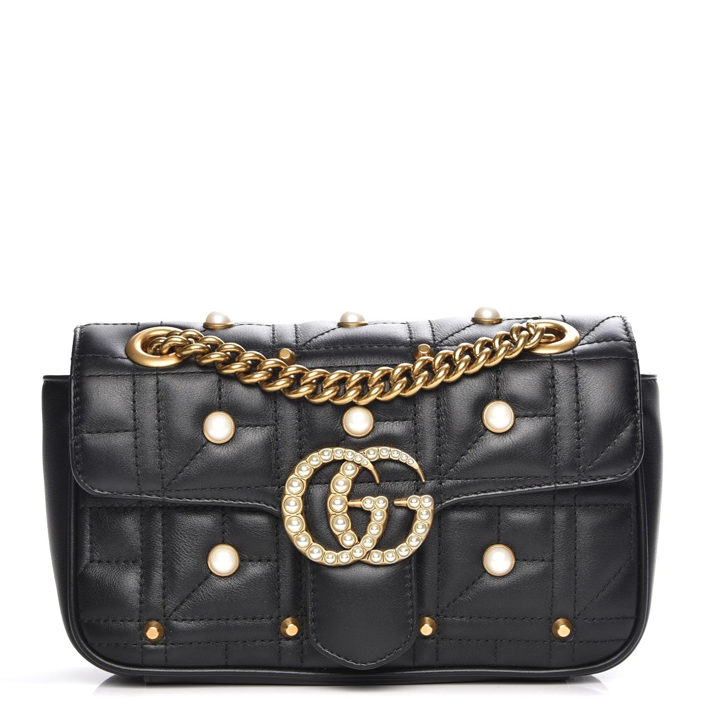 Calfskin Matelasse Studded Mini Pearly GG Marmont Shoulder Bag Black