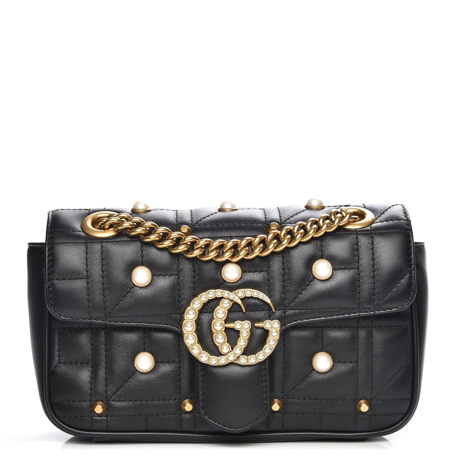 Gucci Calfskin Matelasse Studded Mini Pearly GG Marmont Shoulder Bag Black 1 of 7