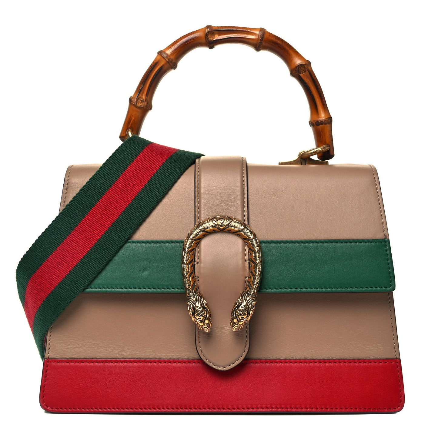 Calfskin Bamboo Web Medium Dionysus Top Handle Bag Camelia Bright Evergreen Hibiscus Red