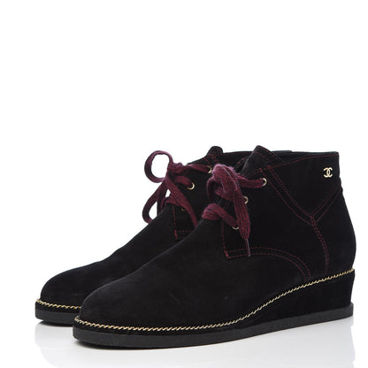 Chanel Suede Calfskin Lace Up Wedge Booties 40.5 Black 3 of 9