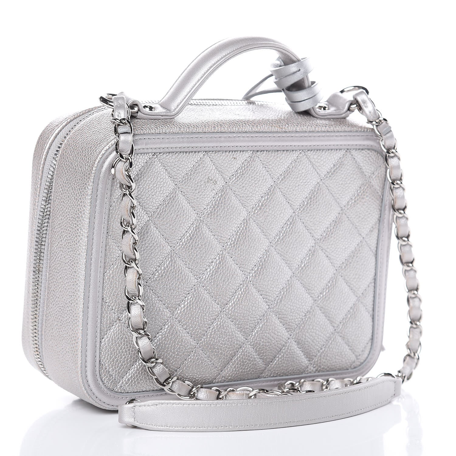 Chanel Metallic Caviar Quilted Medium CC Filigree Vanity Case Silver 3 of 13
