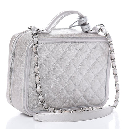 Chanel Metallic Caviar Quilted Medium CC Filigree Vanity Case Silver 3 of 13