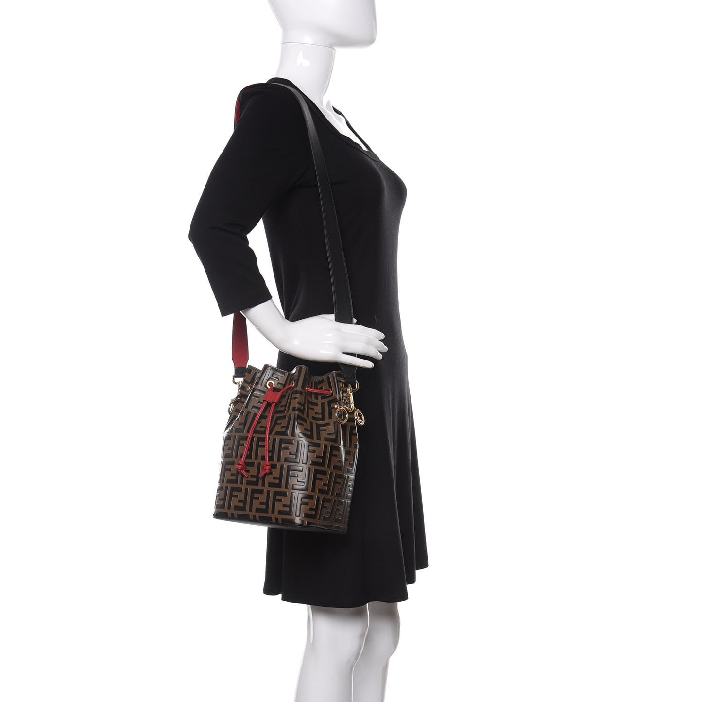 Vitello Grace F is Fendi Bi-Color FF 1974 Embossed Grande Mon Tresor Bucket Bag Maya Black Fragola