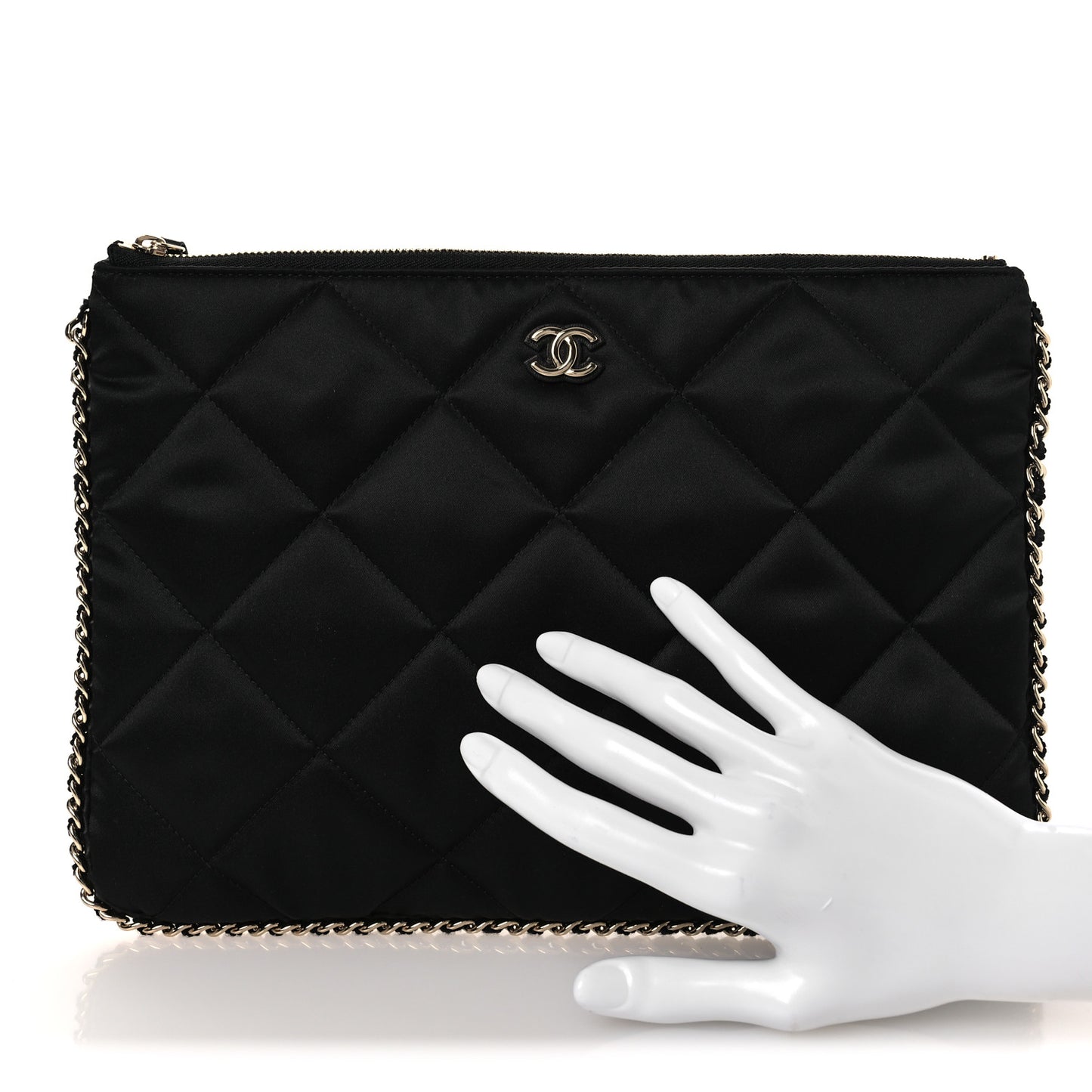 Satin Quilted Chain Around Medium Cosmetic Case Black