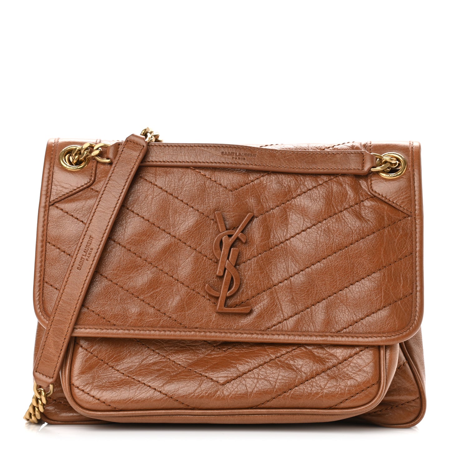 Crinkled Calfskin Matelasse Monogram Medium Niki Chain Satchel Natural Tan