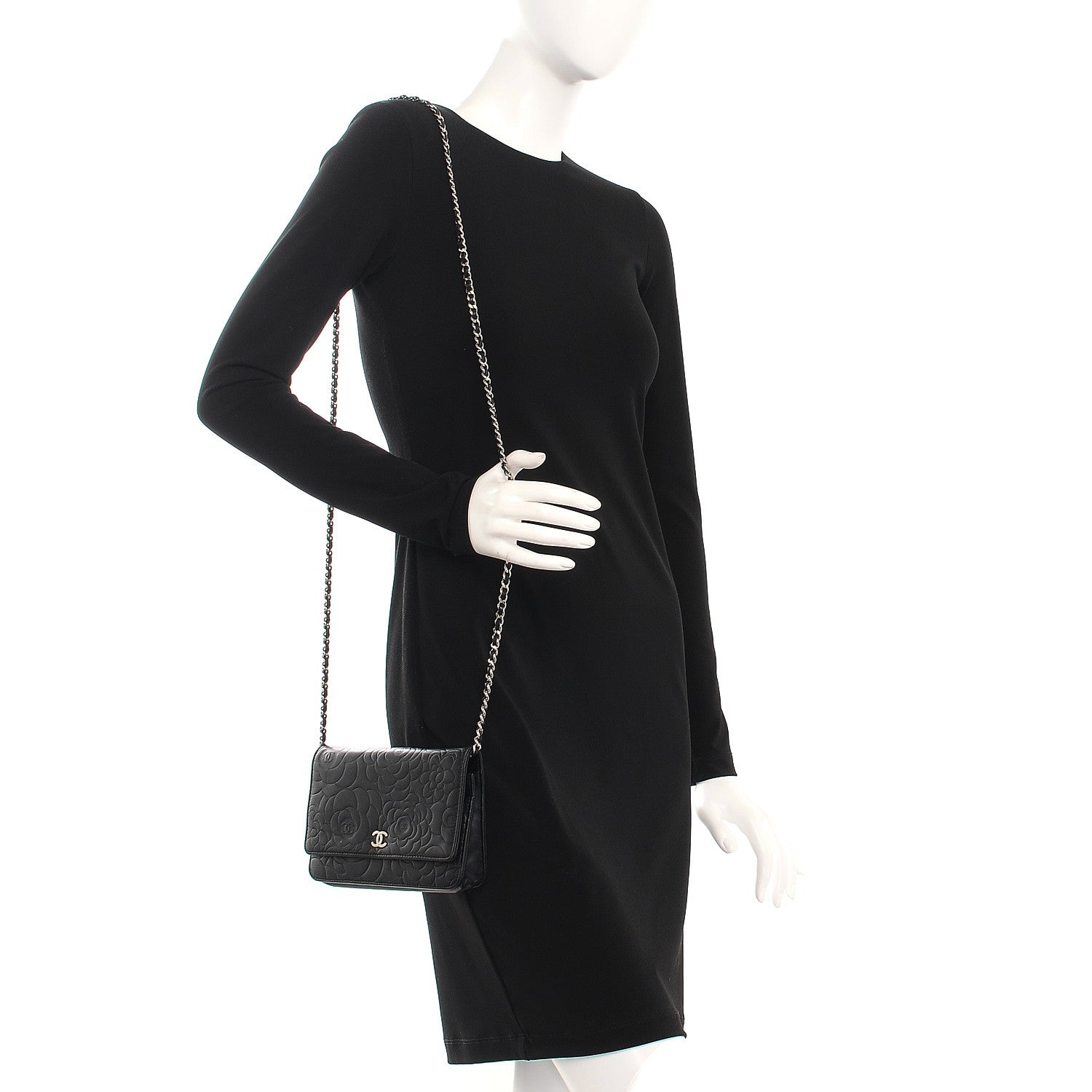 Chanel Lambskin Camellia Embossed Wallet On Chain WOC Black 2 of 8