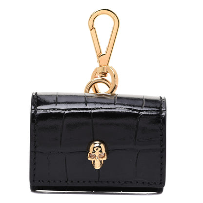 Alexander McQueen Shiny Calfskin Crocodile Embossed Skull Air Pod Case Black 1 of 7