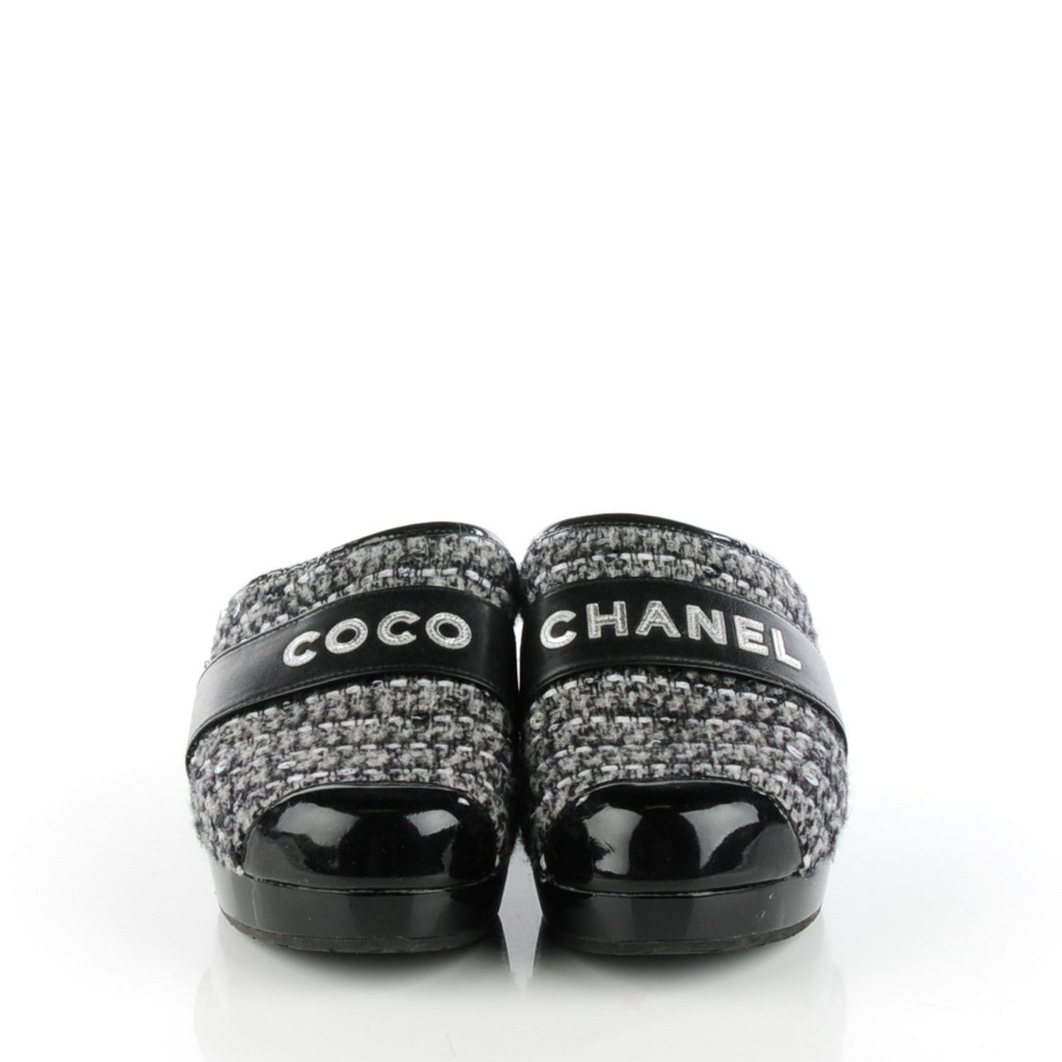 Chanel Patent Sequin Tweed Cap Toe Mules Black 38 2 of 8
