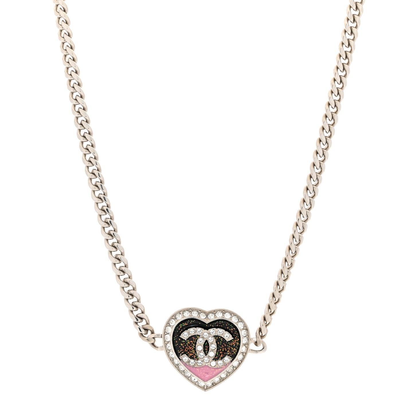 Resin Crystal Glitter CC Heart Necklace Silver