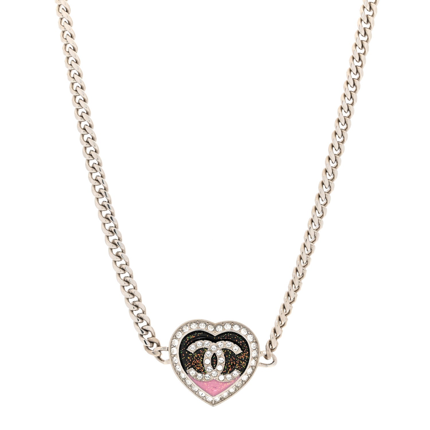 Chanel Resin Crystal Glitter CC Heart Necklace Silver 1 of 5