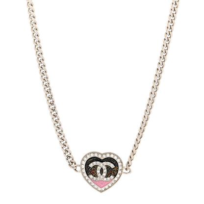 Chanel Resin Crystal Glitter CC Heart Necklace Silver 1 of 5