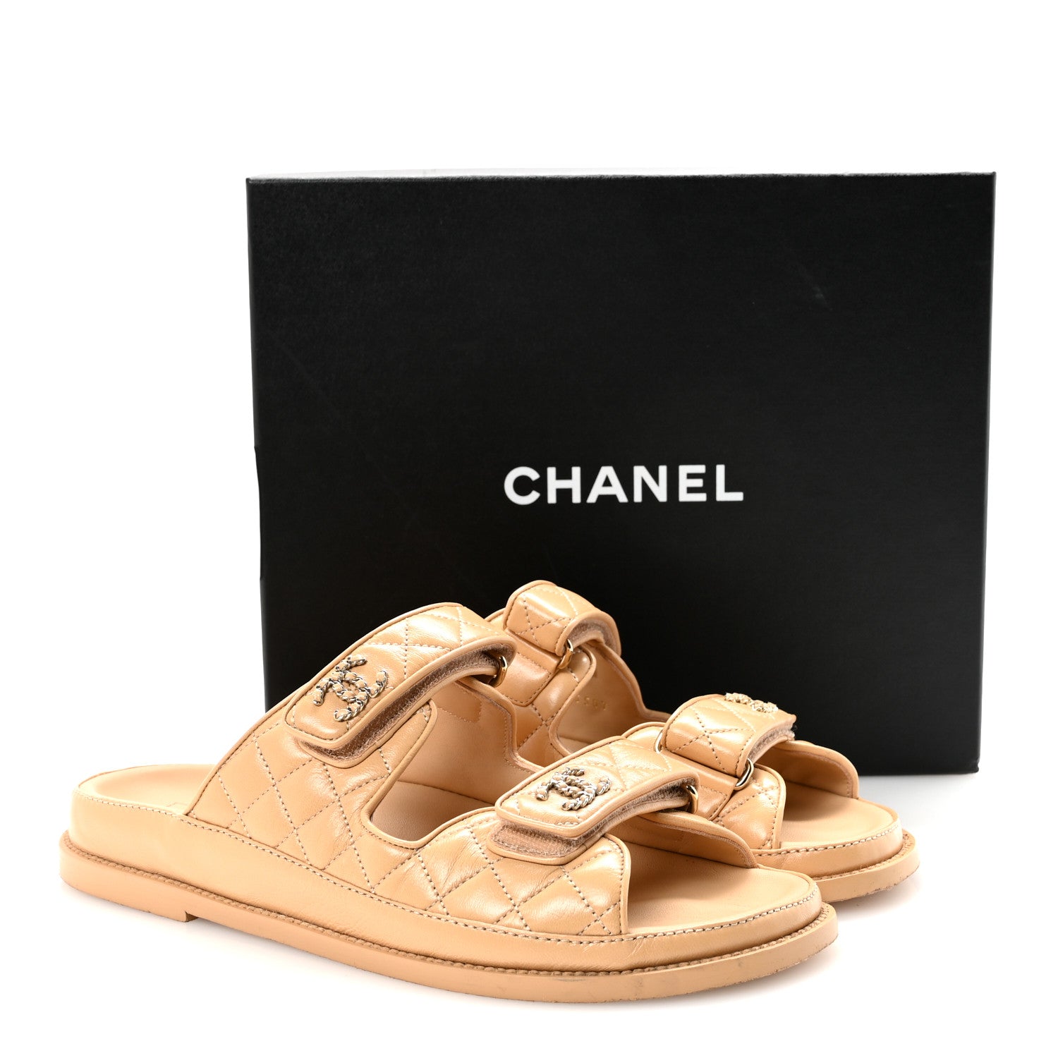 Chanel Lambskin Quilted Velcro Dad Chain CC Slide Sandals 39.5 Beige 10 of 10