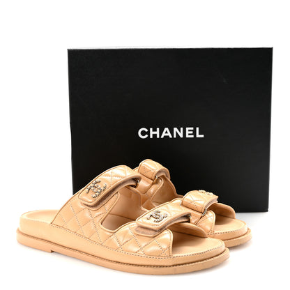 Chanel Lambskin Quilted Velcro Dad Chain CC Slide Sandals 39.5 Beige 10 of 10