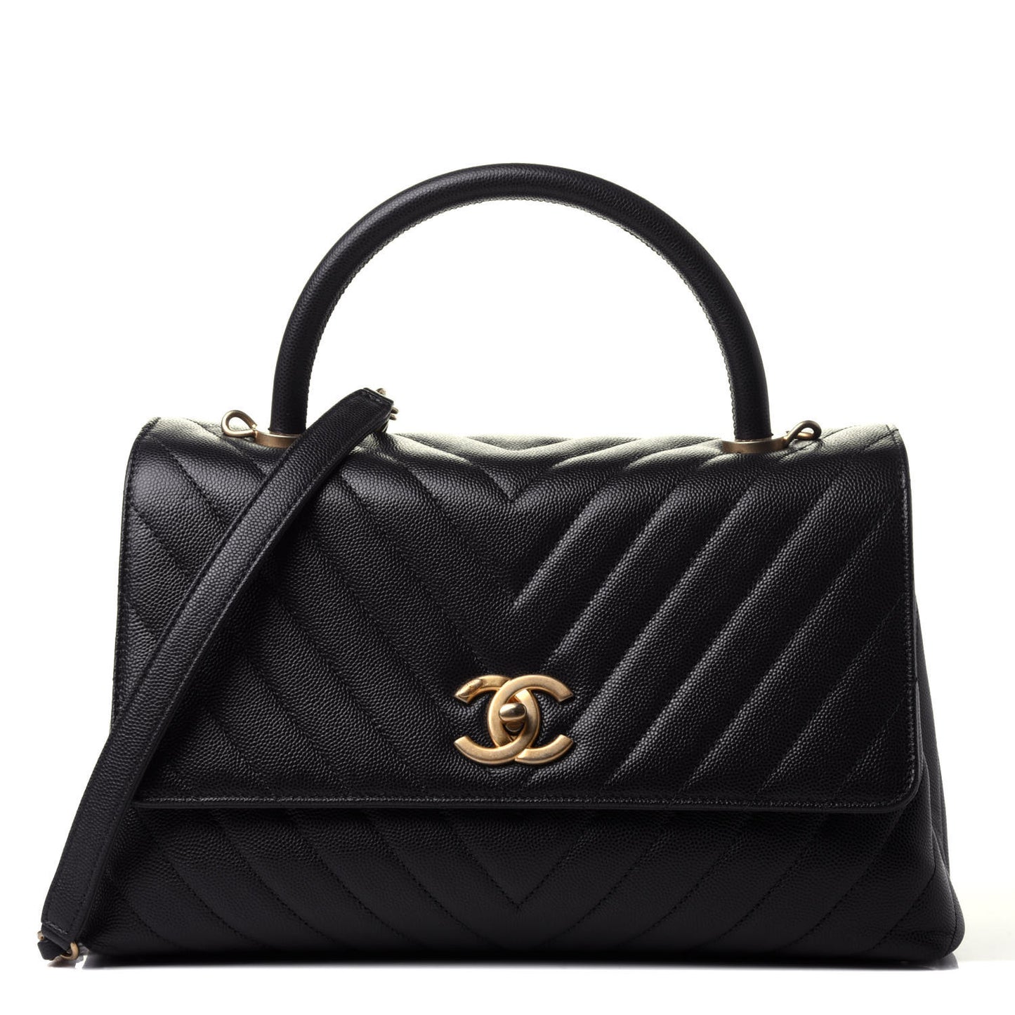 Caviar Chevron Quilted Small Coco Handle Flap Black