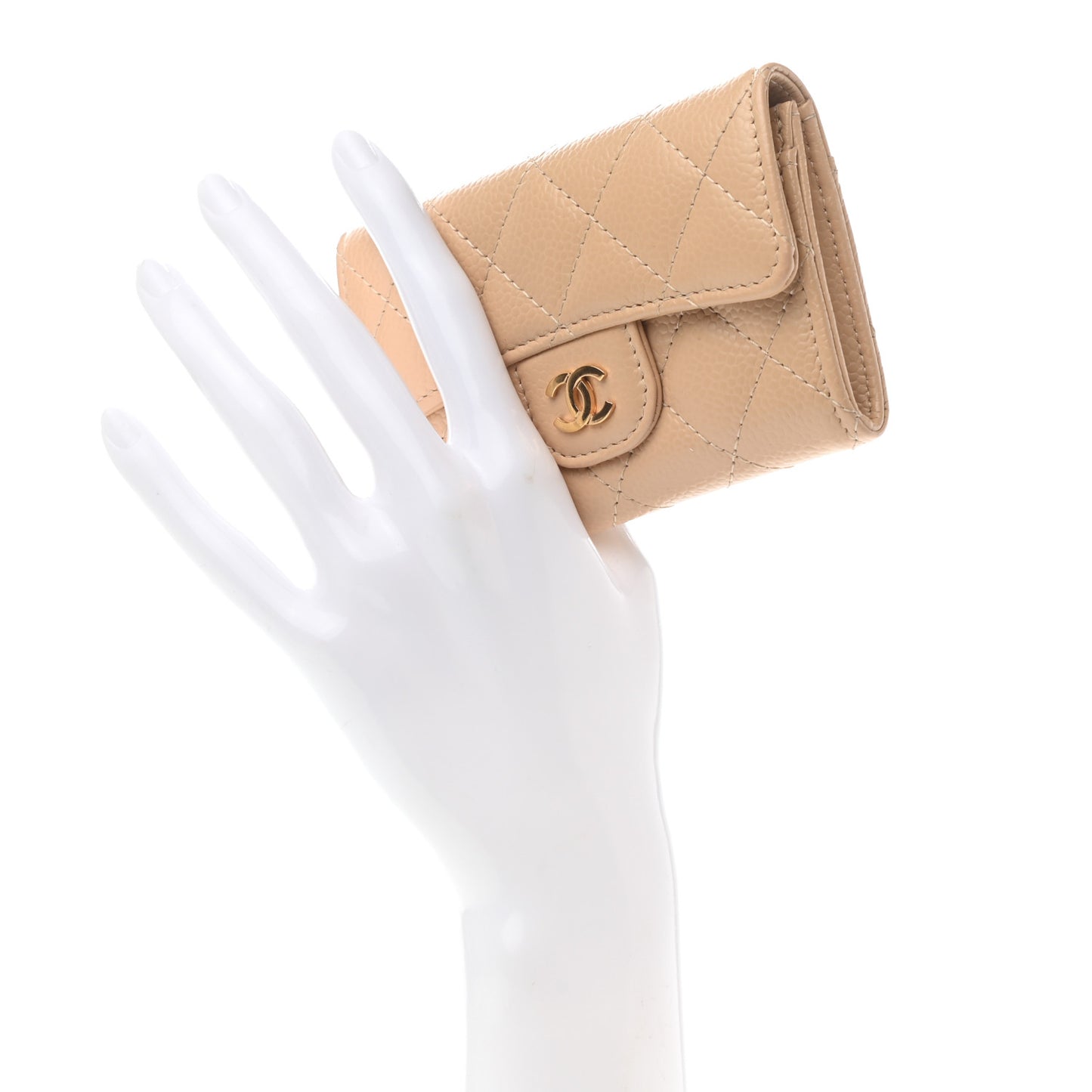 Caviar Quilted Flap Card Holder Wallet Beige