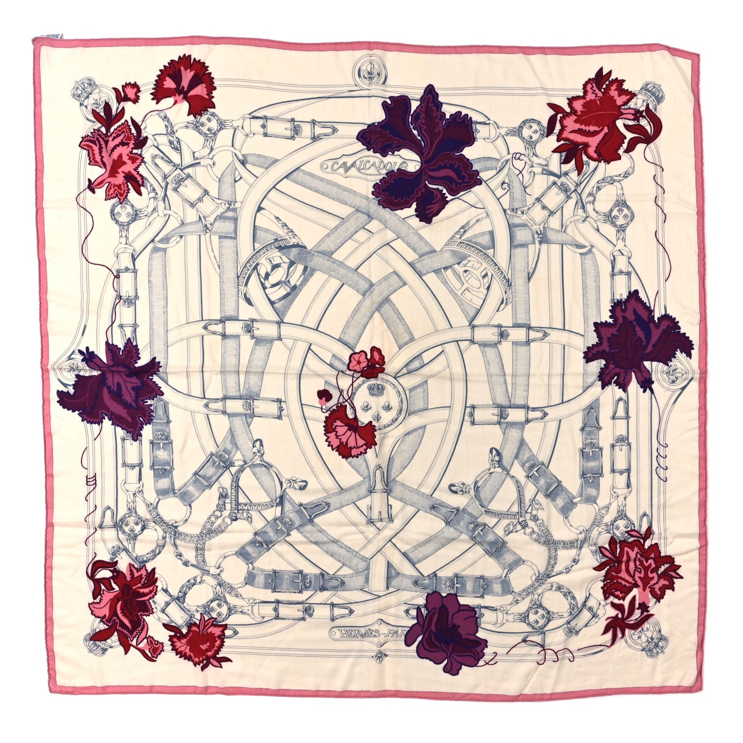 Hermes Cashmere Silk Cavalcadour Shawl 140 Blanc Violet Rose 1 of 5