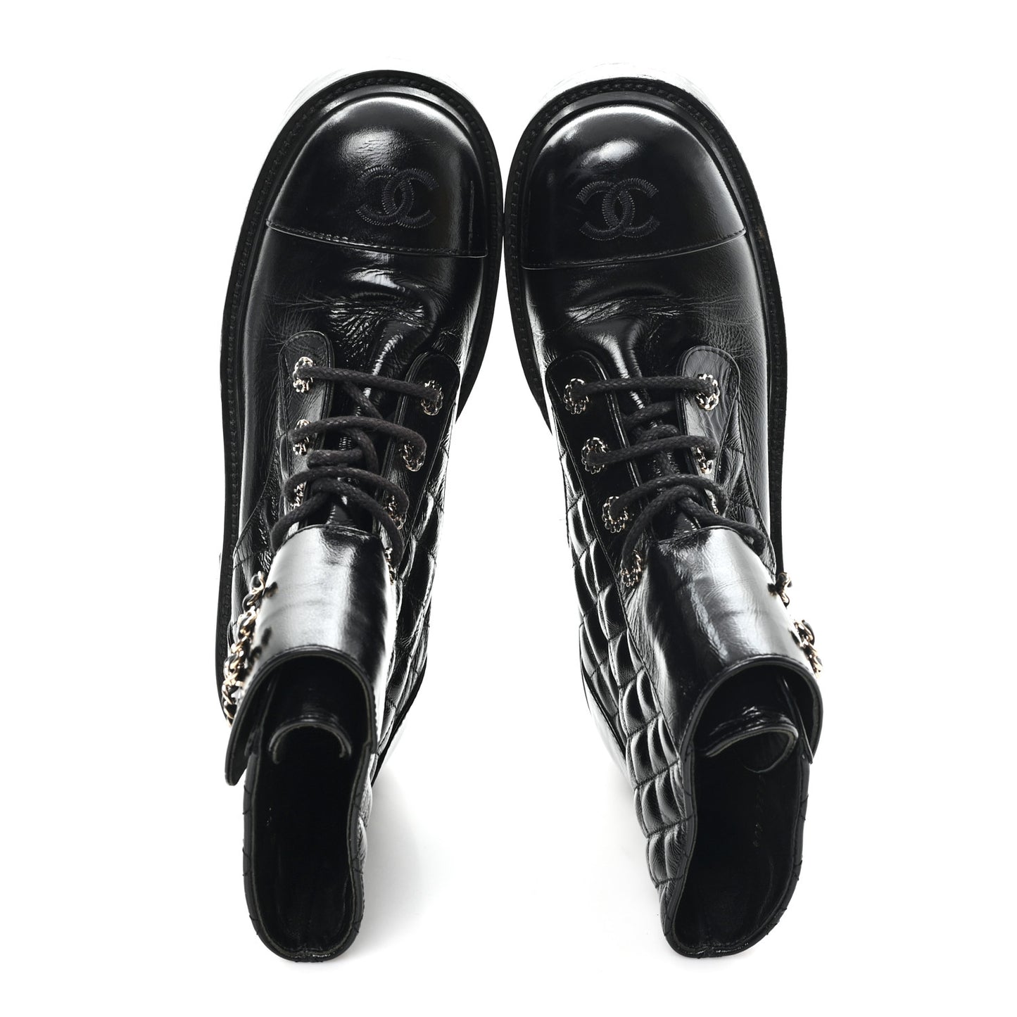 Shiny Goatskin Calfskin Quilted Lace Up Combat Boots 40.5 Black