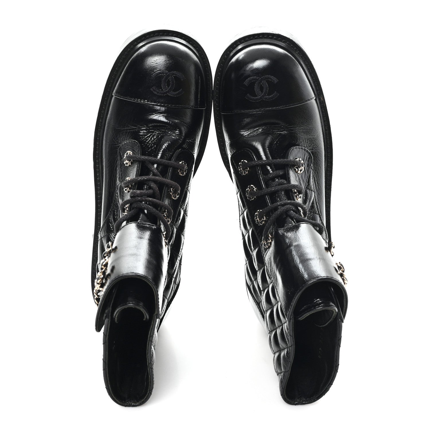 Chanel Shiny Goatskin Calfskin Quilted Lace Up Combat Boots 40.5 Black 2 of 9
