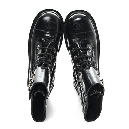 Chanel Shiny Goatskin Calfskin Quilted Lace Up Combat Boots 40.5 Black 2 of 9