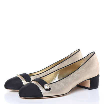 Chanel Metallic Lambskin Grosgrain Cap Toe Pearl Pumps 37.5 Gold Black 3 of 9