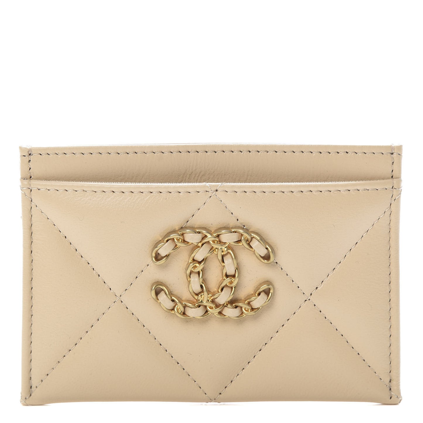 Shiny Goatskin Quilted Chanel 19 Card Holder Beige