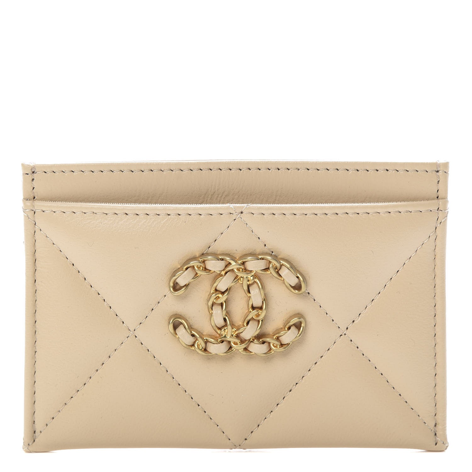 Chanel Shiny Goatskin Quilted Chanel 19 Card Holder Beige 1 of 9