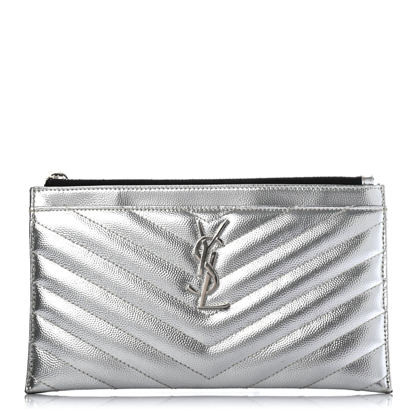 Metallic Grain De Poudre Matelasse Chevron Monogram Bill Pouch Argento