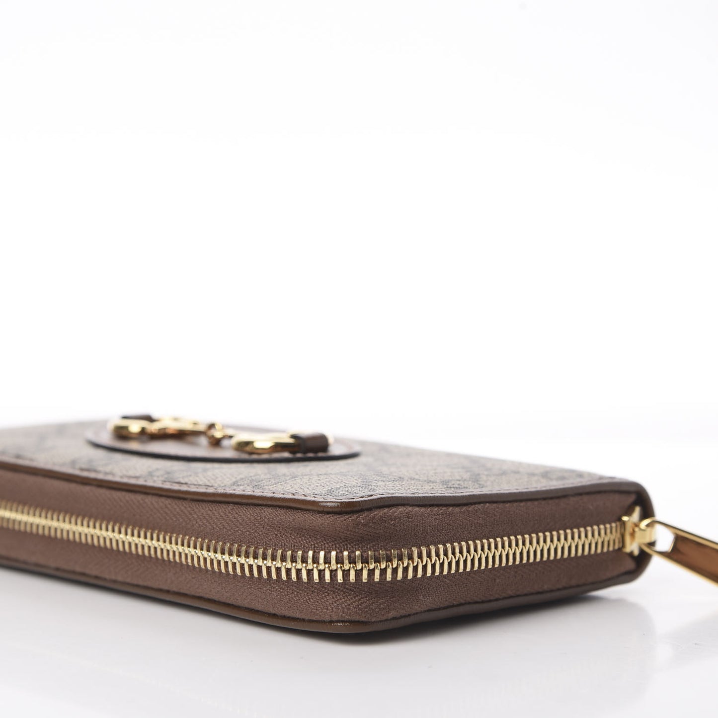 GG Supreme Monogram Azalea Calfskin Horsebit 1955 Zip Around Wallet Beige Ebony Brown Sugar