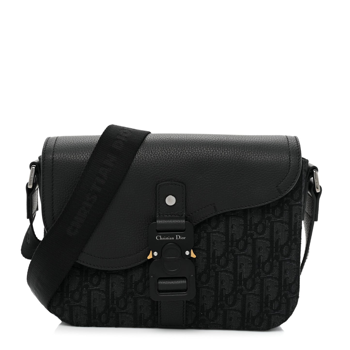 Oblique Jacquard Grained Calfskin Saddle Pouch With Strap Black