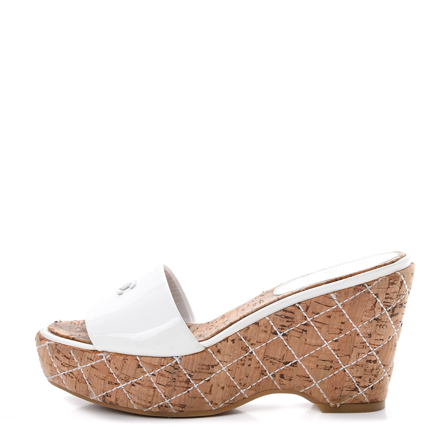 Chanel Patent Cork Quilted CC Wedge Sandals 37 White 1 of 14