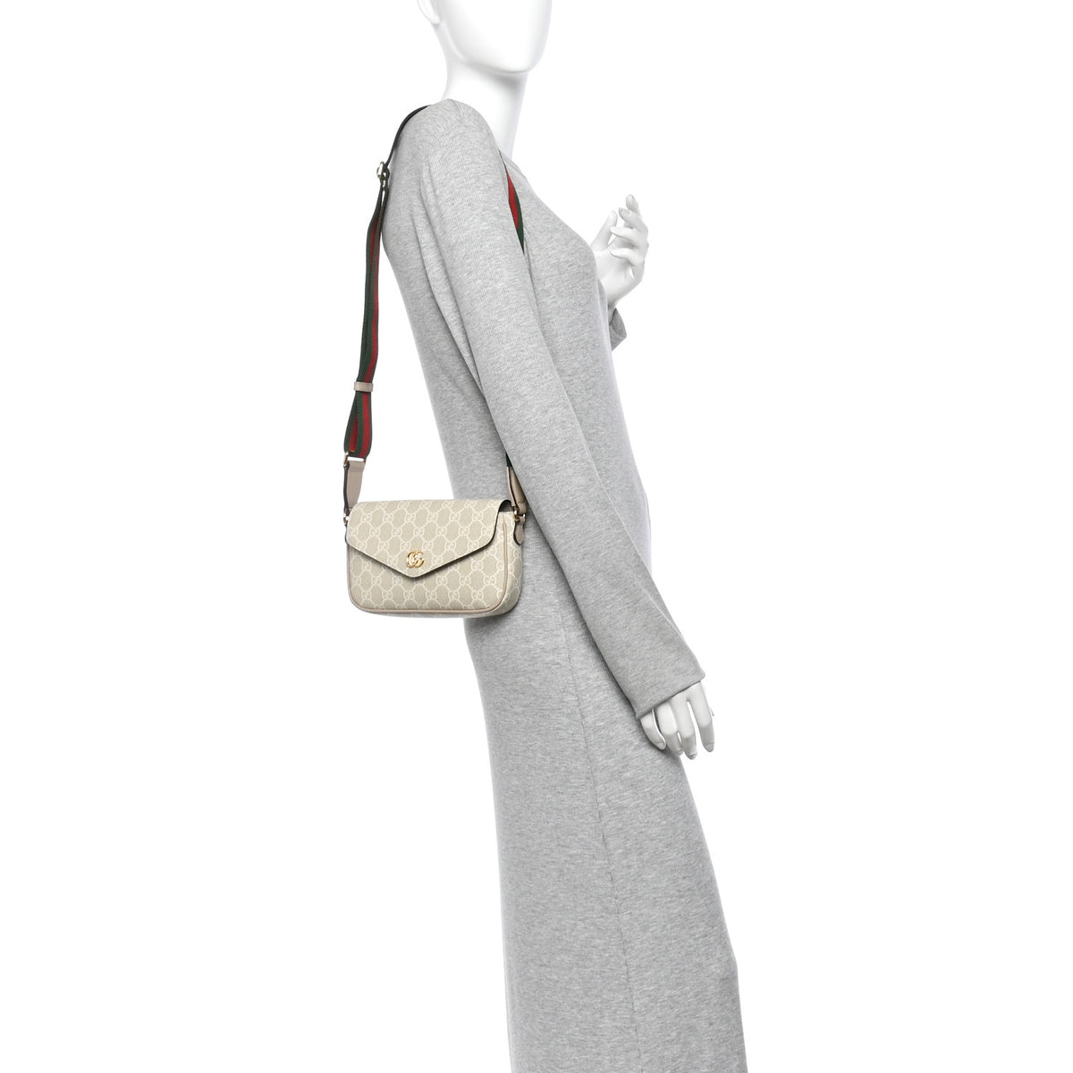 Gucci GG Supreme Monogram Textured Dollar Calfskin Web Mini Ophidia Envelope Shoulder Bag Beige Mystic White Oatmeal 2 of 10